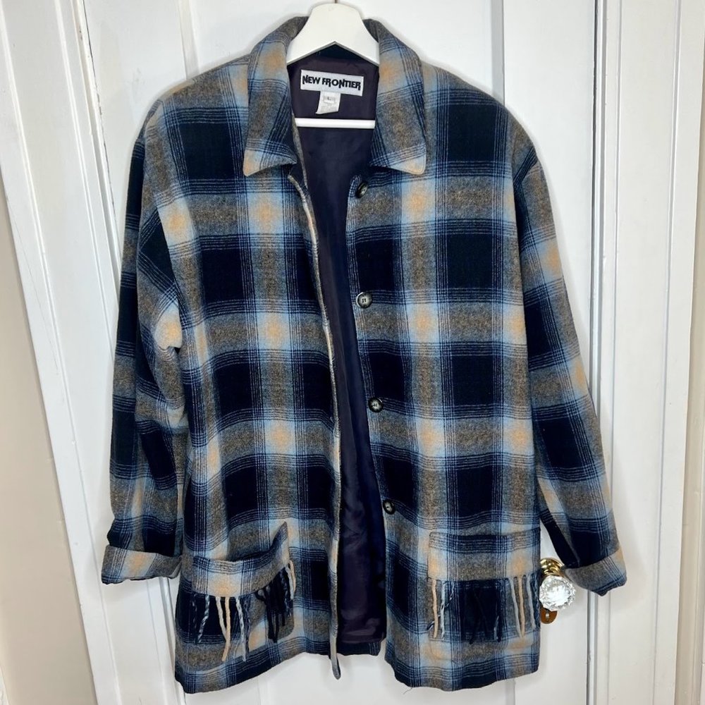 Vintage Wool Plaid Field Jacket with Fringe  - L - New Frontier